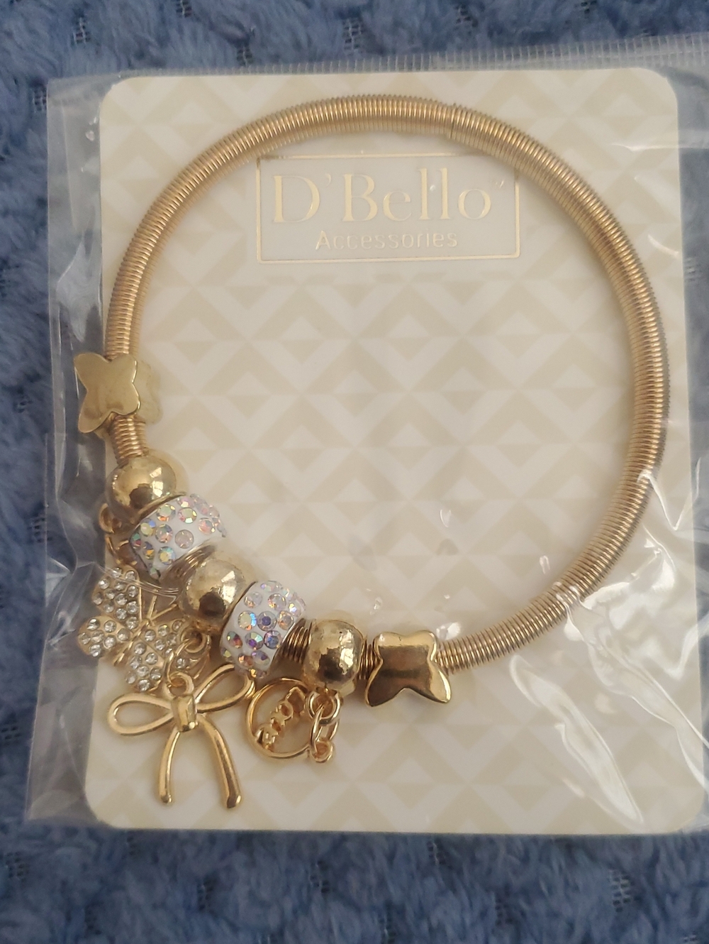 D'Bello Gold Charm Bangle Bracelet with Crystal Beads